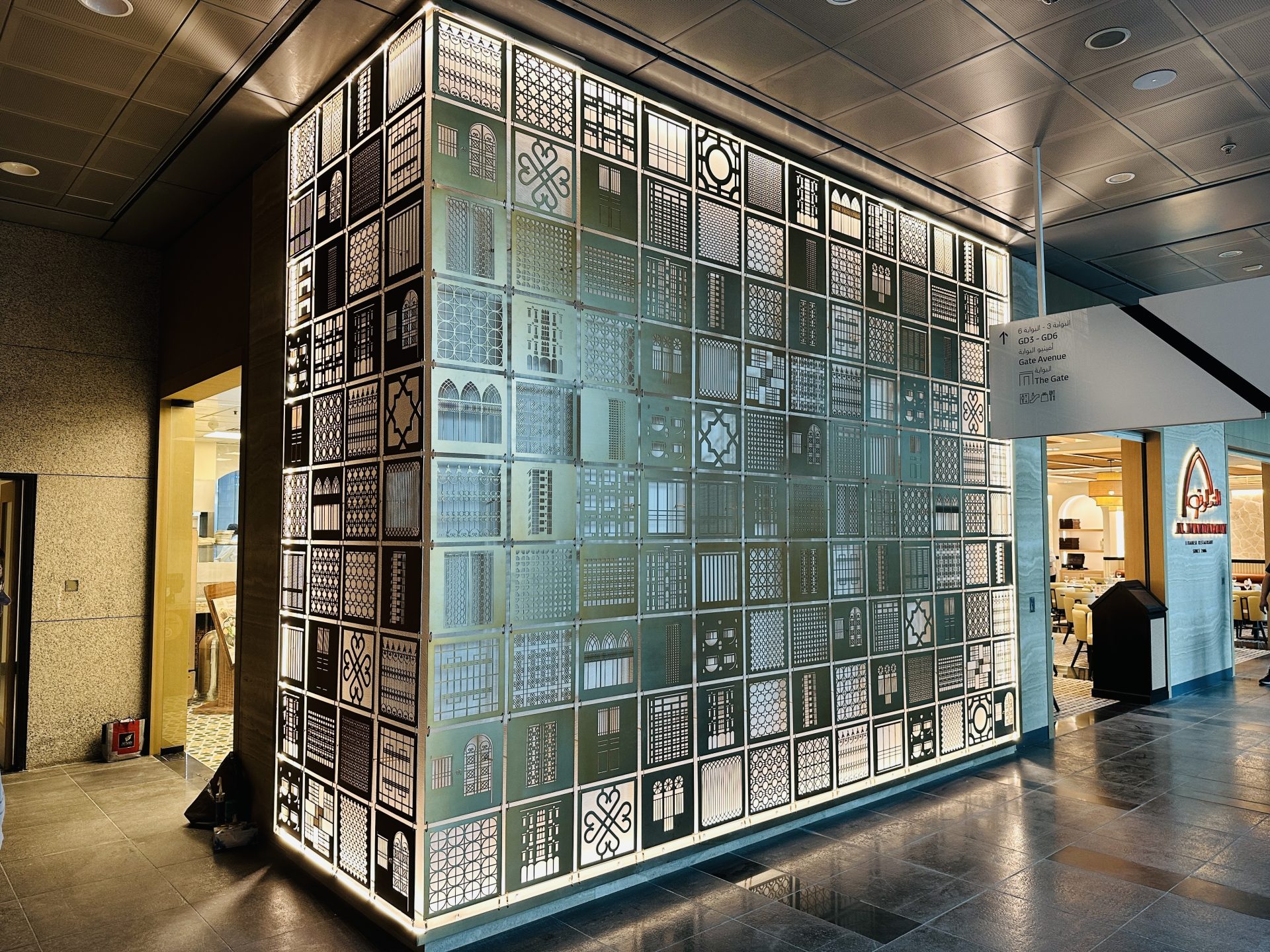 Al Mandaloun Decorative Laser-Cut Feature Wall & Lighting | DIFC Dubai — Al Mandaloun Lebanese Restaurant — Food & Beverage (F&B) & Fine Dining — DIFC, Dubai, UAE project gallery image 4